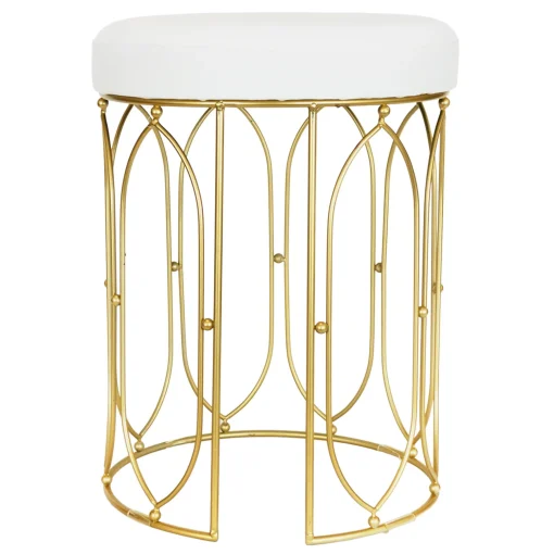 * Arca Glazed Gold Wire Vanity Stool/Padded White Faux Leather Seat Outlet