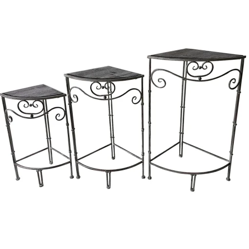 * Fan Shaped Wood Top Plant Stand With Rustic Double Tube Metal Leg, Large Promotion