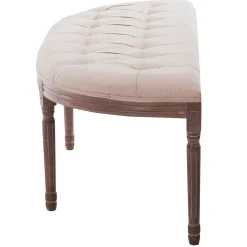 * Lourdes Ivory Linen Tufted Curved Bench W/Distressed Wood Legs Opening Sales